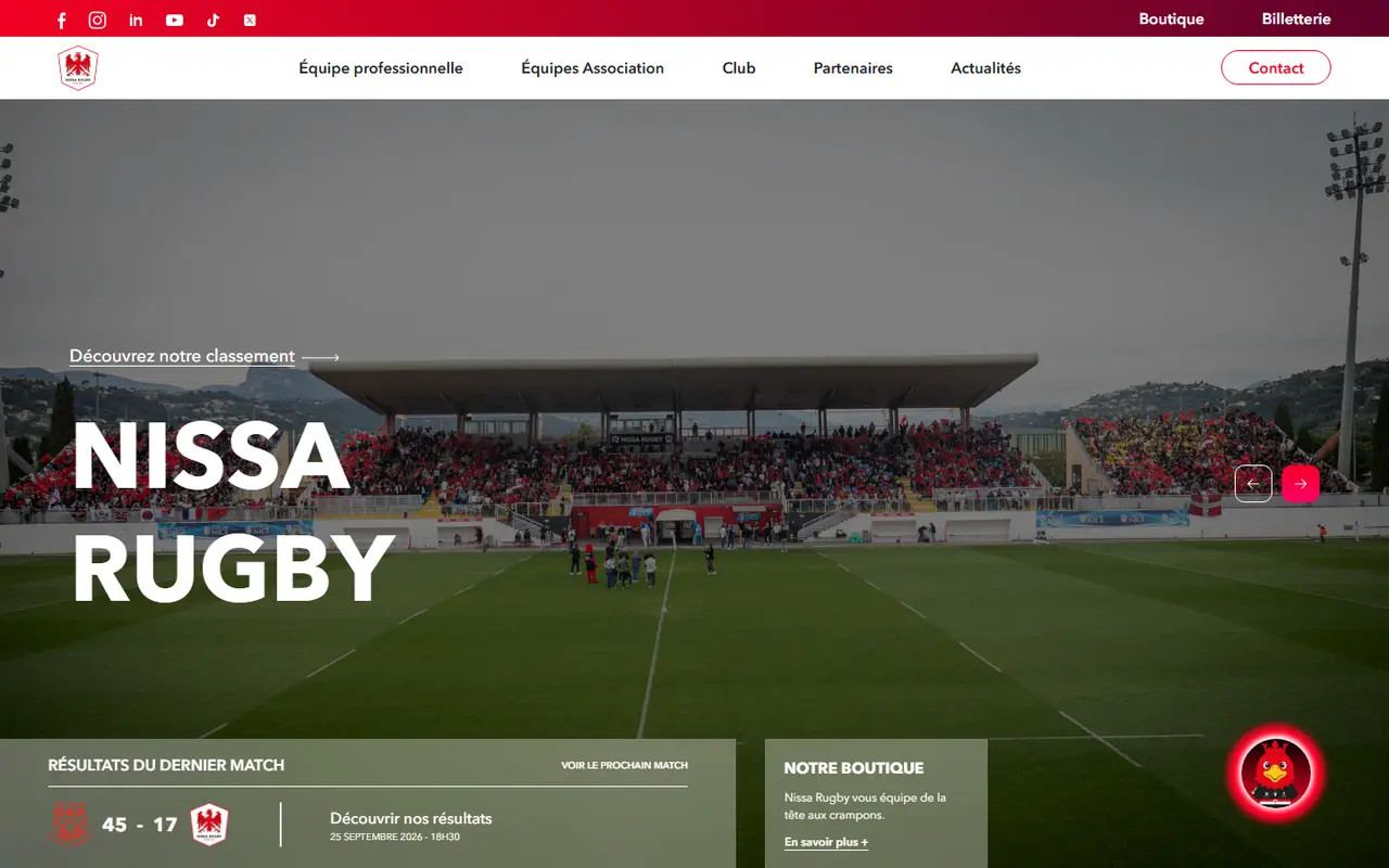 Screenshot of the Nissa Rugby website